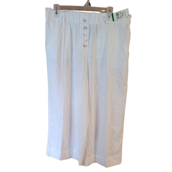 Ruby Rd Summer White Linen Mother of Pearl Buttons Cropped Capri Wide Leg Pants - Picture 1 of 8